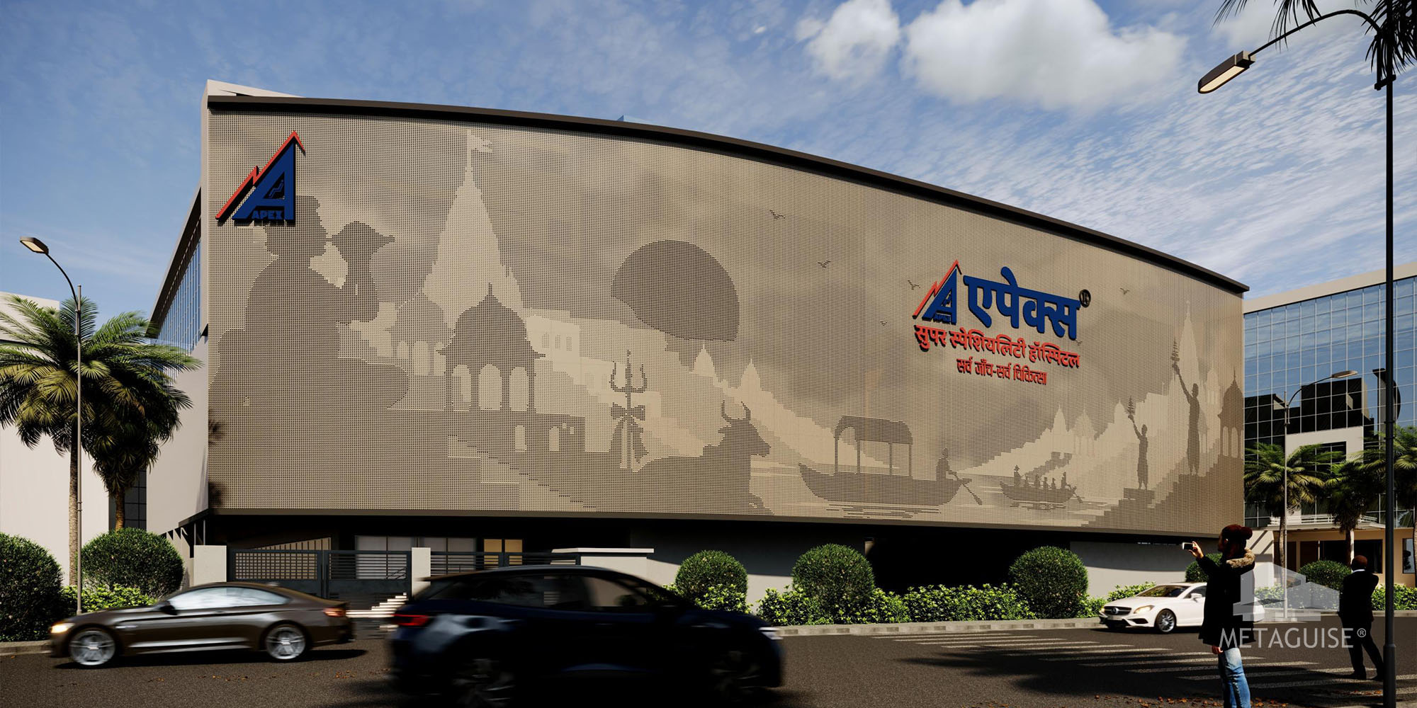 Apex Superspeciality Hospital Varanasi facade with the ghats of Banaras rendered in champagne gold MetaCoin discs and perforated aluminium