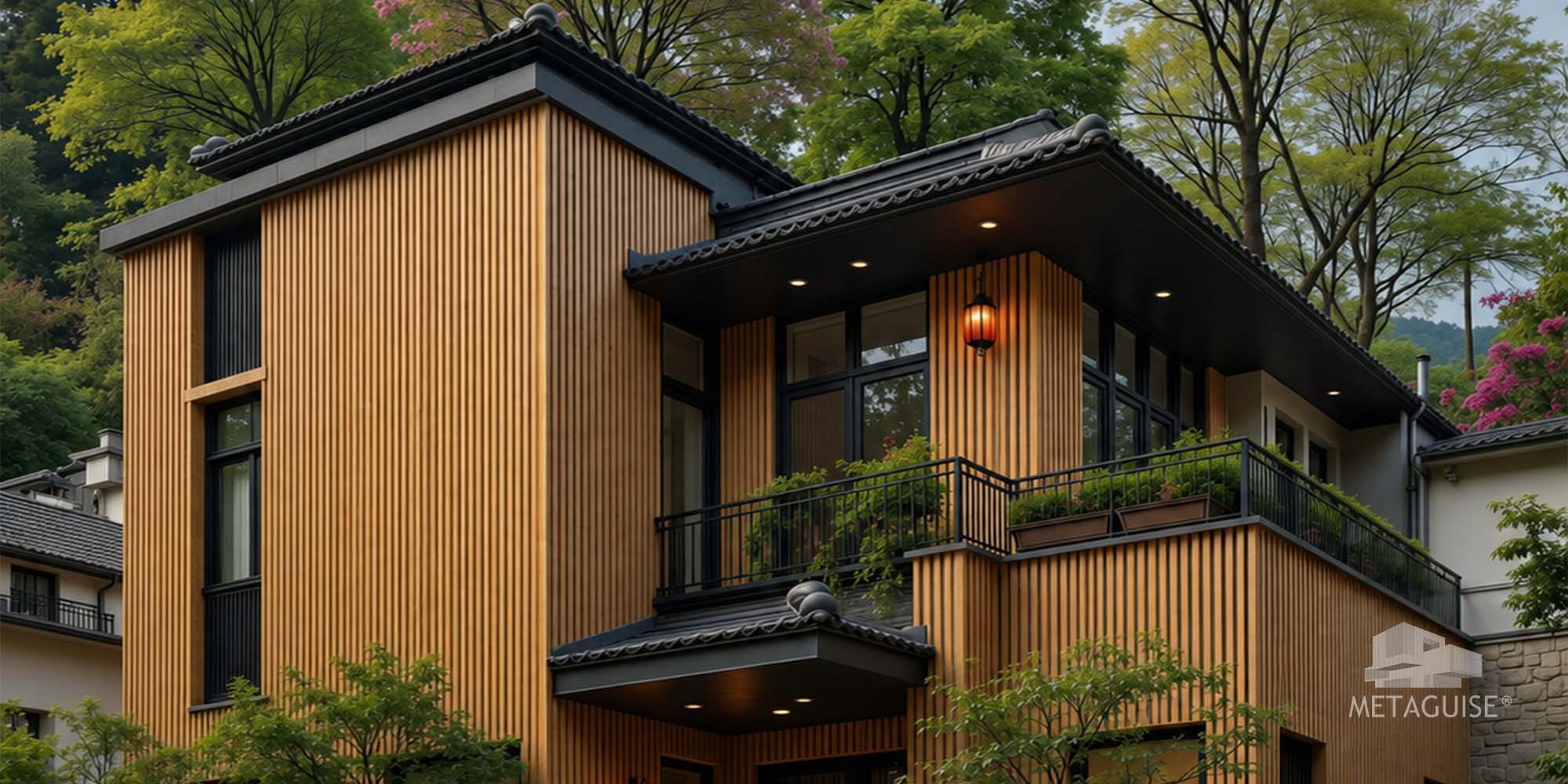 Sample budget elevation combinations – two-tone plaster with metal accent panel near entrance