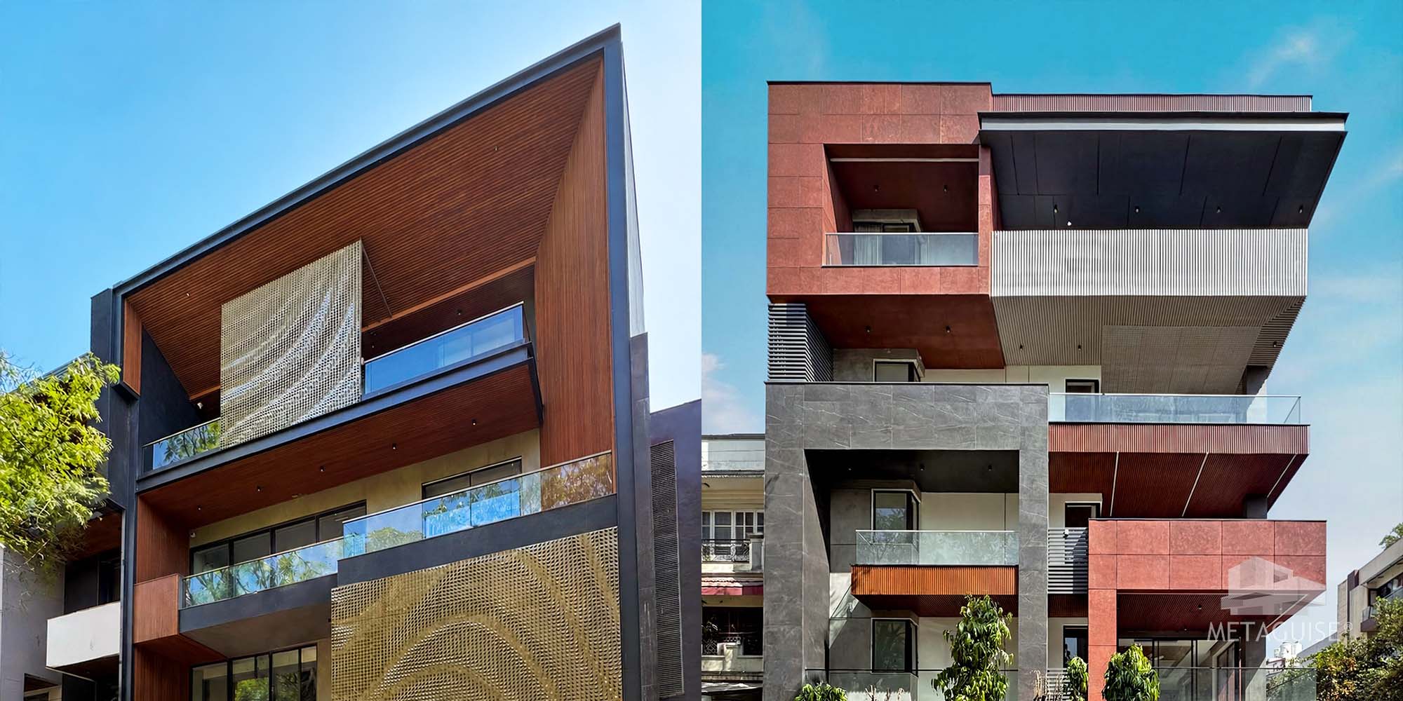 Horizontal metal and stone cladding on Indian bungalow facade - Metaguise