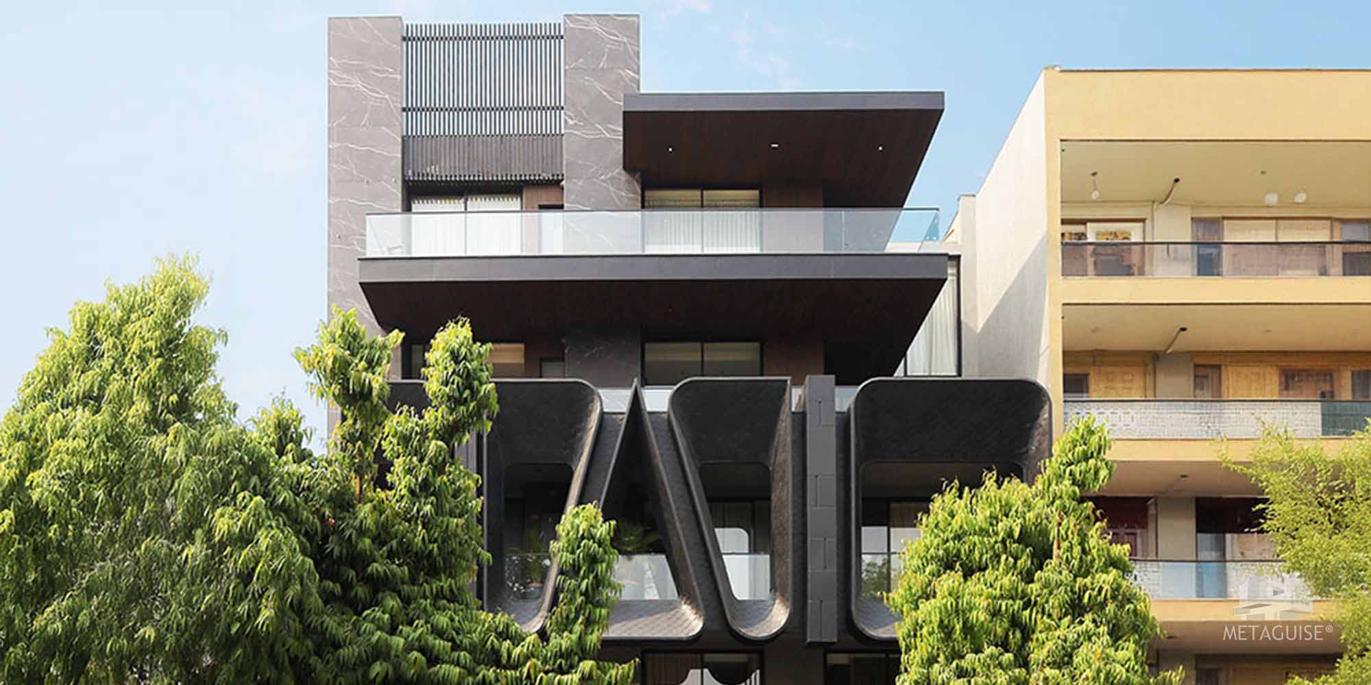 climate responsive metal facade design in India with modern architecture and thermal shading elements