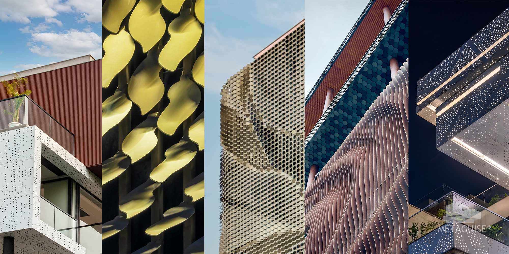 Mixed material metal and stone facade cladding on Indian building - Metaguise