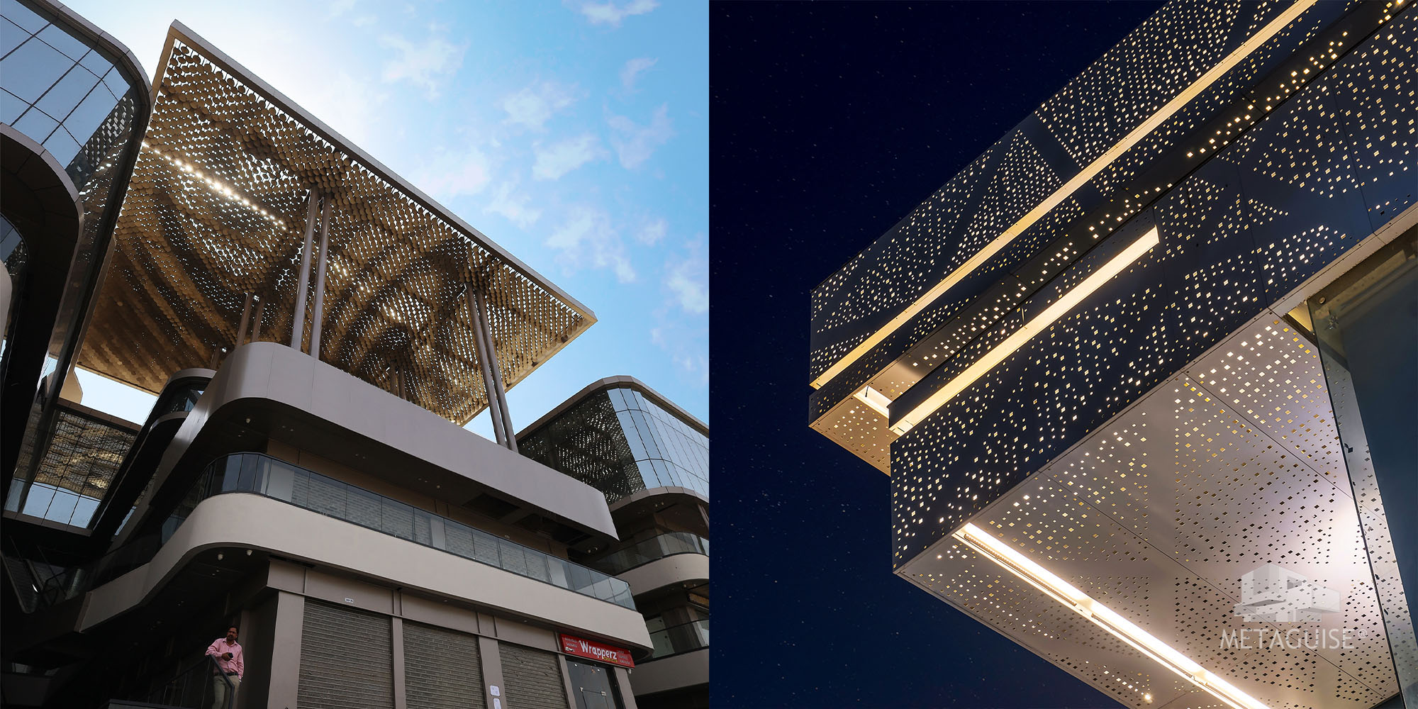 Perforated gold metal canopy and curved facade of a commercial building against a blue sky