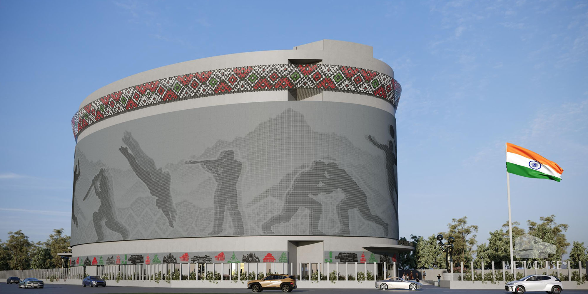 Nadaun indoor stadium in Himachal Pradesh with a three band aluminium facade of shingle pattern, coin figures and laser-cut panels