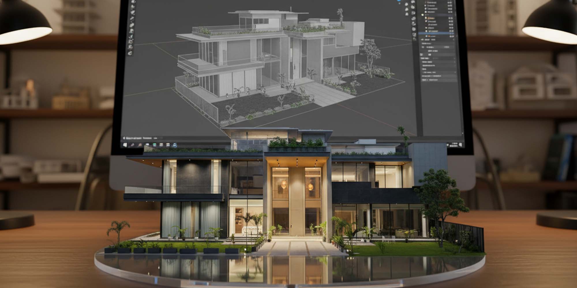 3D house exterior design preview in India showing architectural elevation visualization and real-life modern villa execution