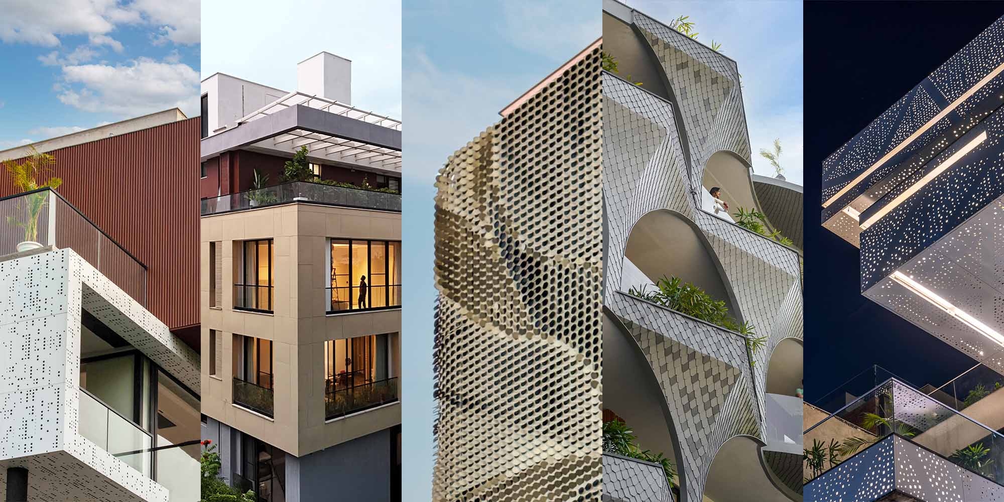 Parametric facade design in India with curved metal architecture, geometric patterns, and biophilic balcony integration