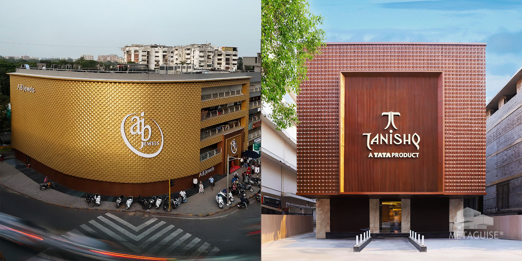 Gold scale-pattern metal facade on a curved jewellery showroom beside a red-toned Tanishq storefront with a framed entrance