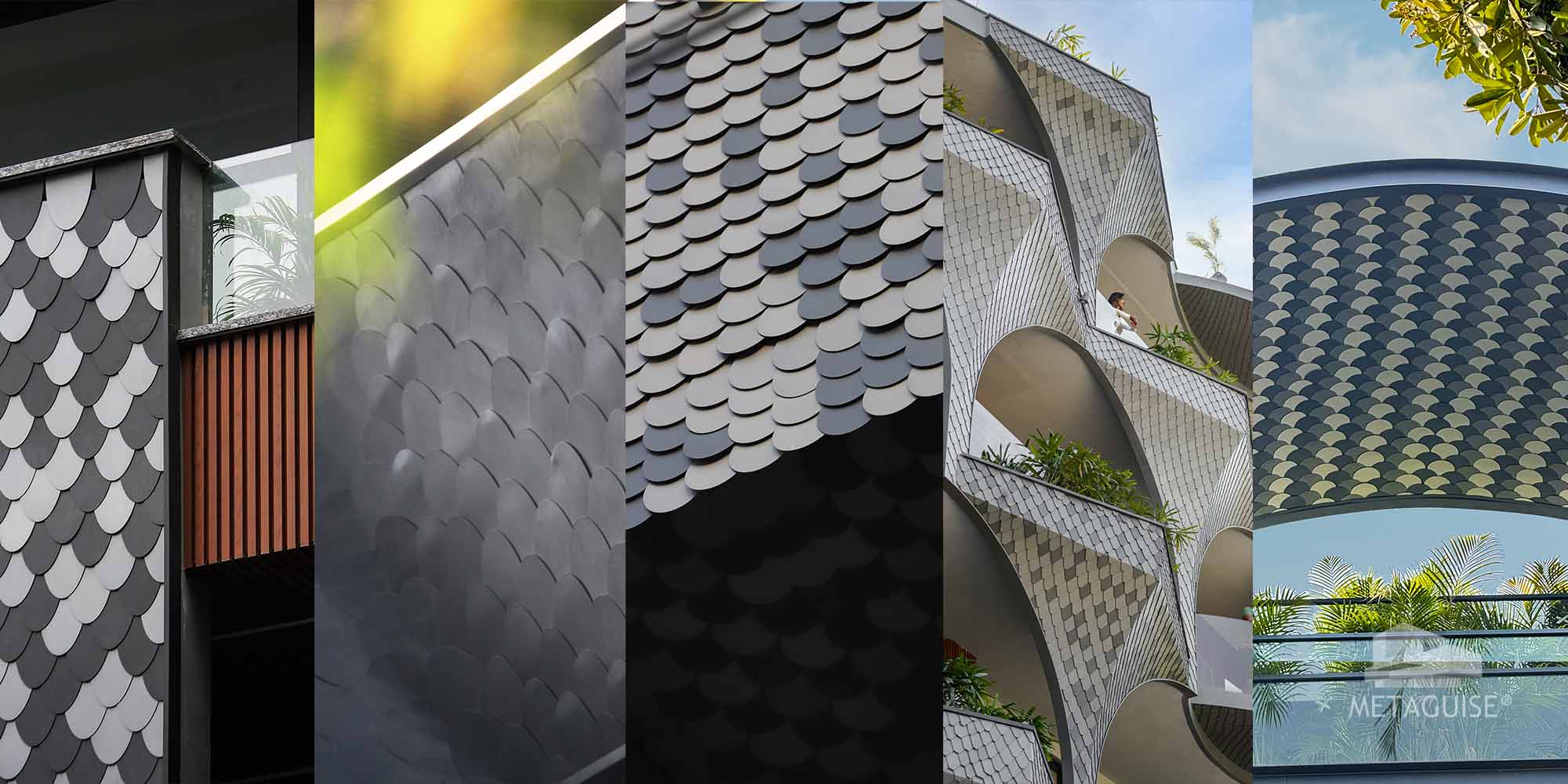 MetaShingles 3D metal wall panel installed on Indian home elevation – premium shingle-style facade design