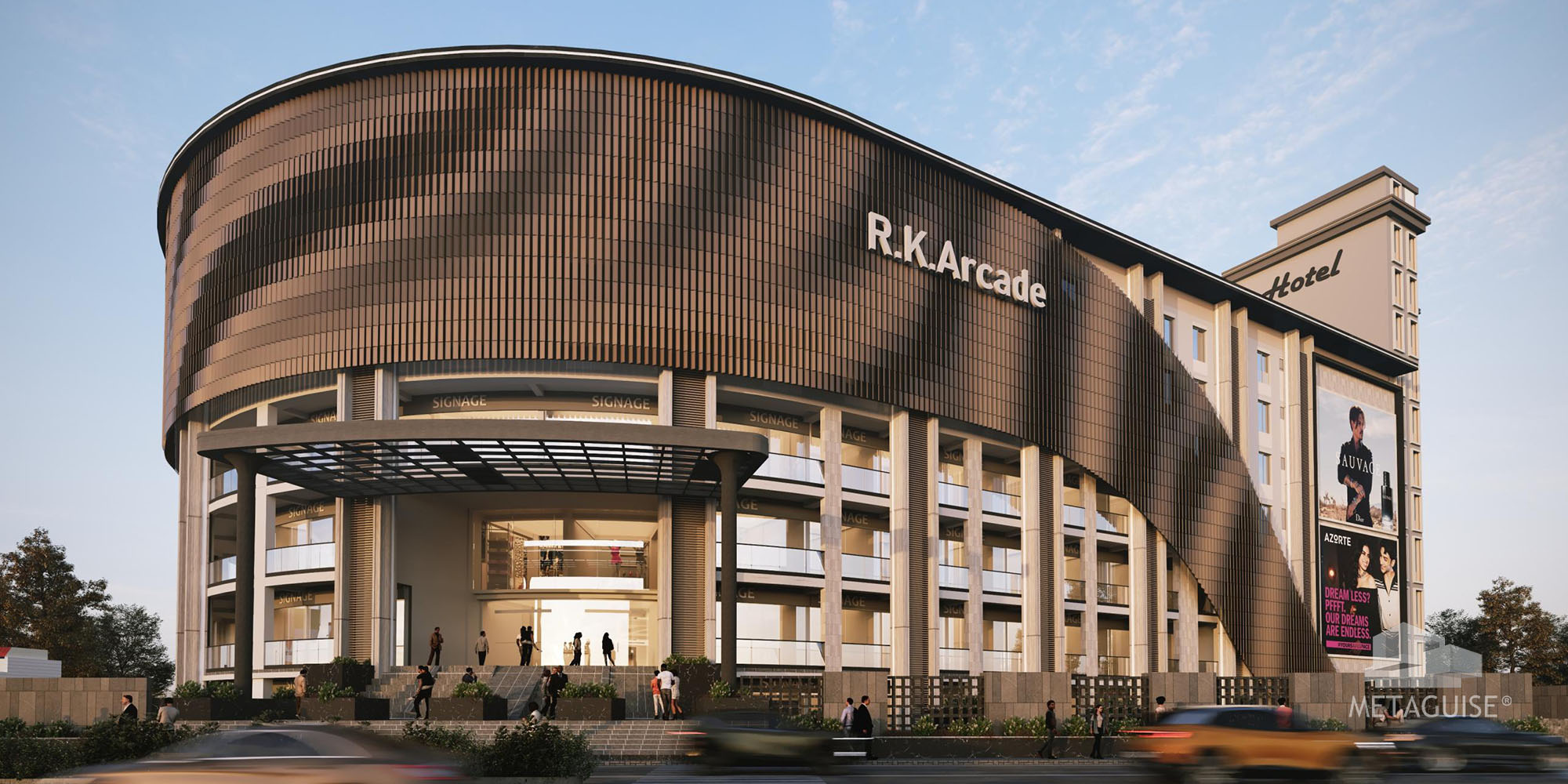 R.K. Arcade shopping mall in Dhanbad with copper finish aluminium box-section louvers rotated at varying angles across the elevation
