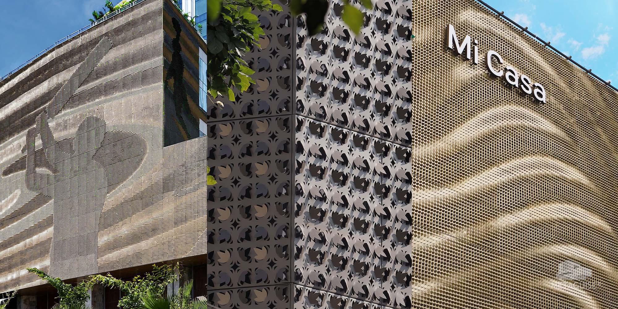Parametric facade design in India with curved metal architecture, geometric patterns, and biophilic balcony integration
