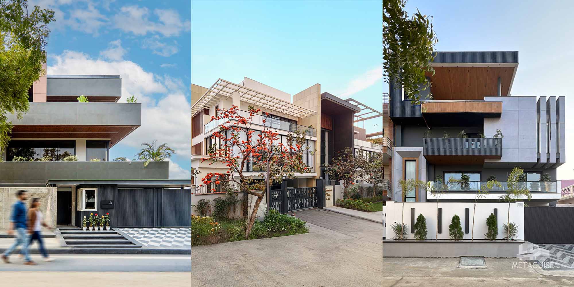 Modern house elevation design in India featuring parametric metal facade, perforated panels, and architectural lighting for 2026 trends