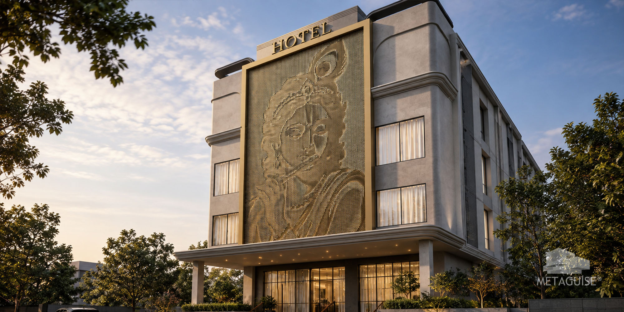 Close-up of individually angled aluminium MetaCoin discs forming the Krishna facade portrait