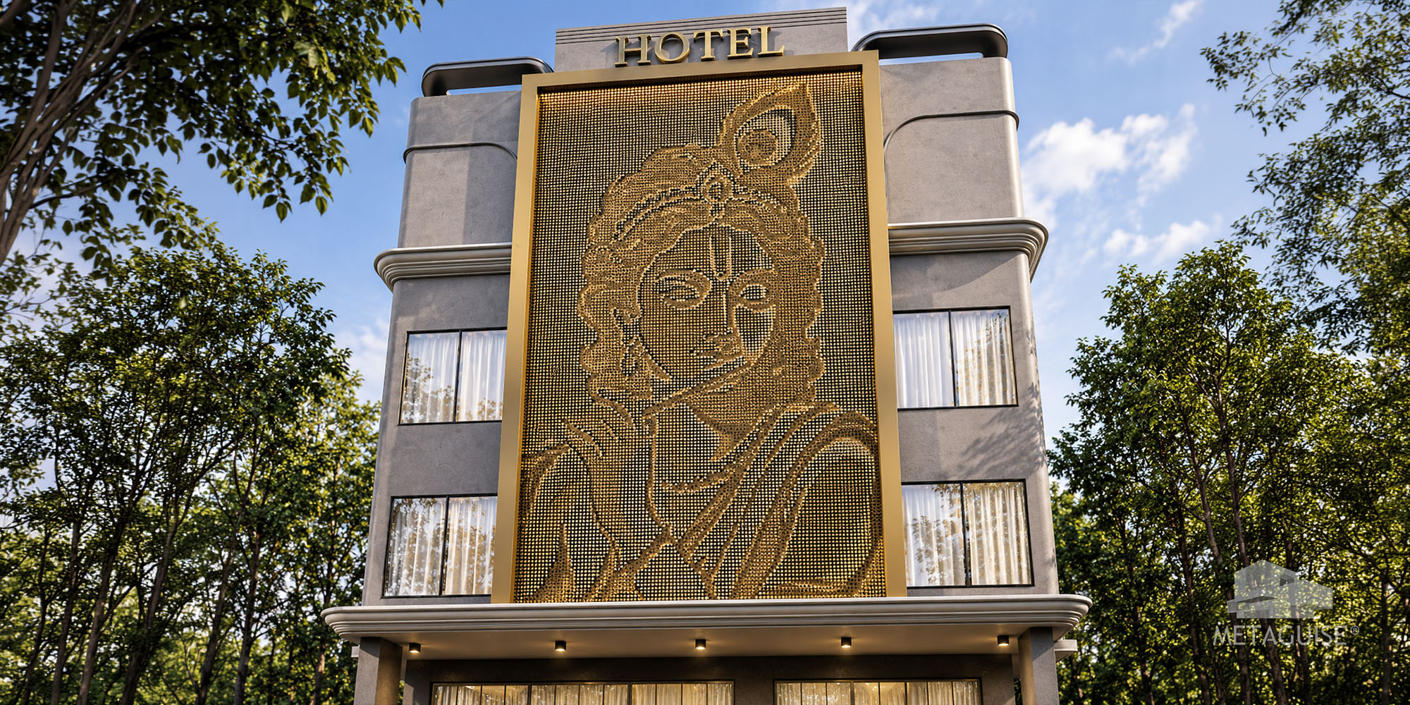 Close-up of individually angled aluminium MetaCoin discs forming the Krishna facade portrait