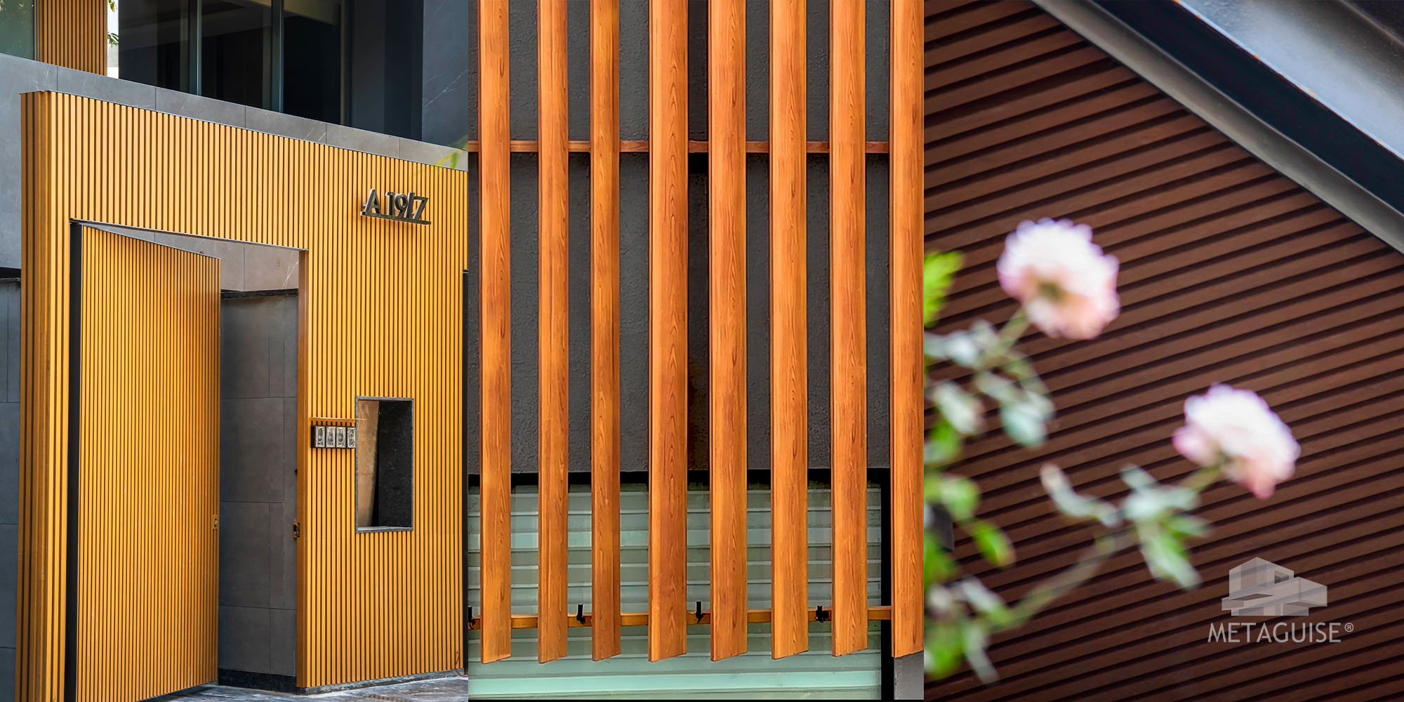 Wood finish aluminium entrance gate and vertical fins on a residential facade